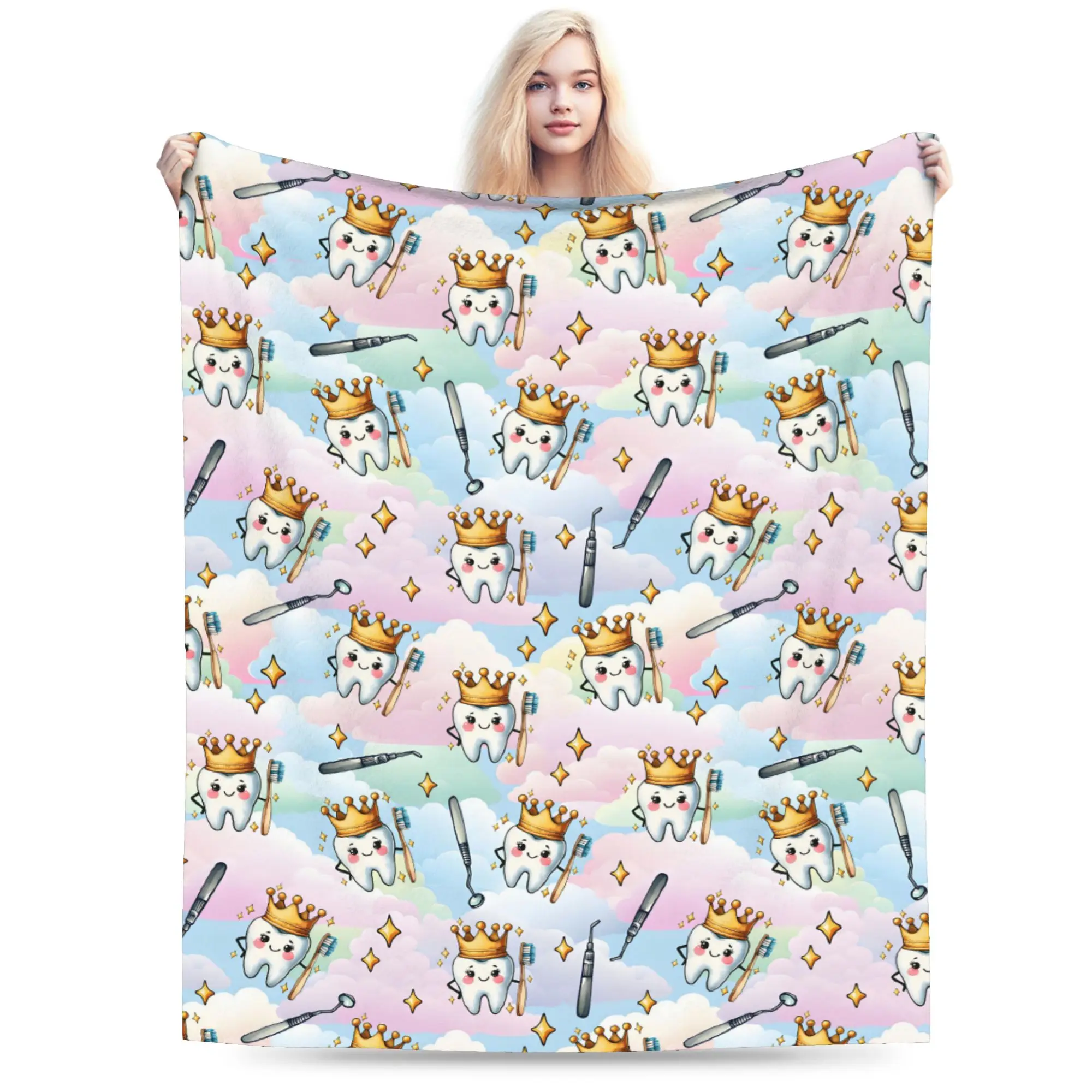 Custom Tooth Fairy Pattern Teeth Blankets Comfortable Soft Flannel Summer Care Dental Health Throw Blanket for Couch Travel Bed