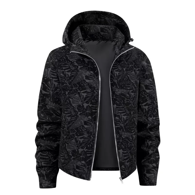 Spring and Autumn New Fashion Trendy Printed American Vintage Corduroy Jacket Men's Casual Loose Sporty Plus Size Hooded Jacket