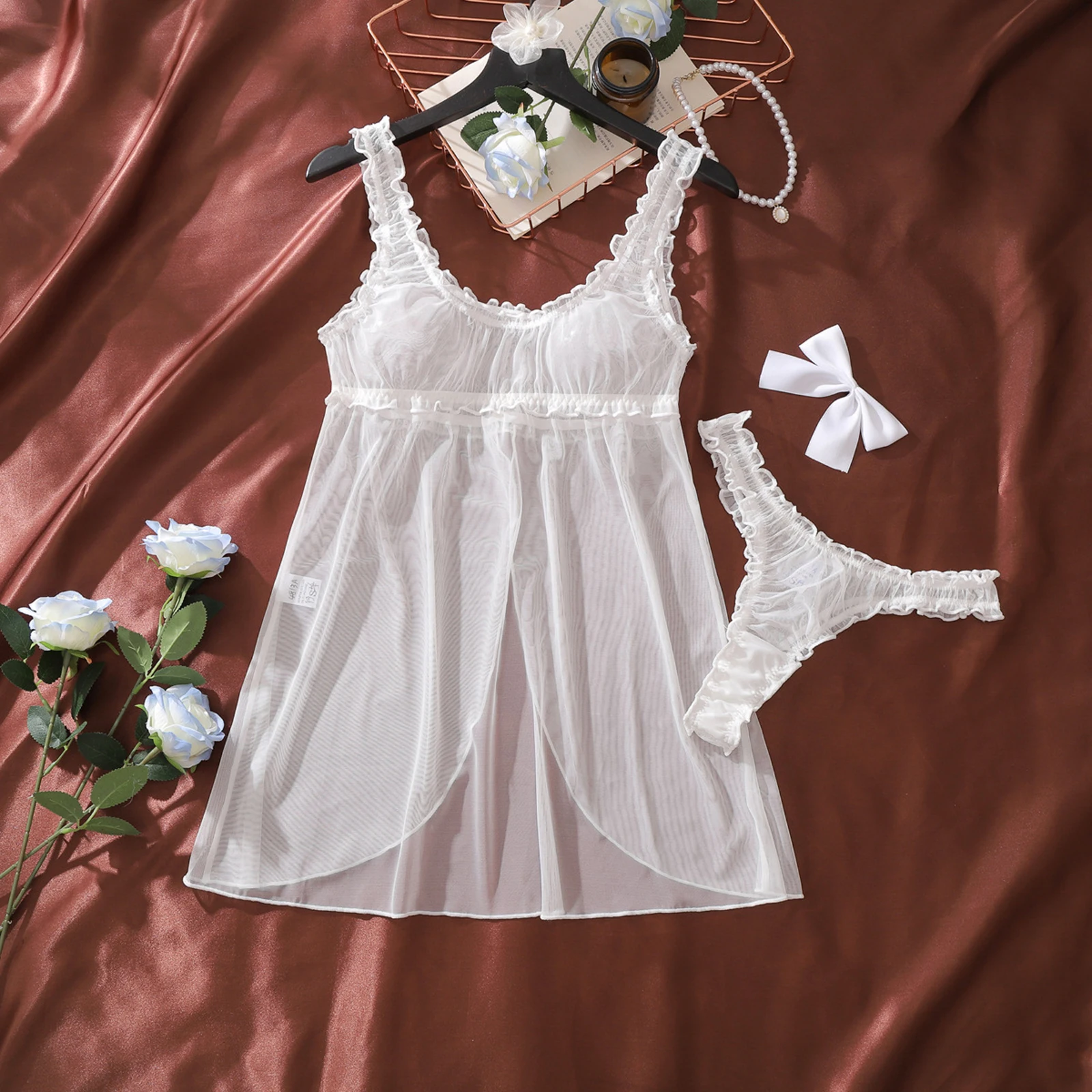 

Sexy Women's Sheer Nightdress, Sleeveless Square Neck Slit Hem Mini Dress Shorts Sleepwear Lingerie Chemise