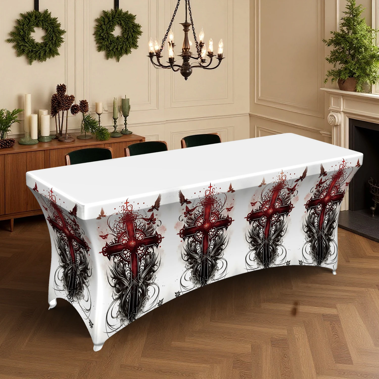 1PC Gothic Cross & Blood Splatter Printed Elastic Tablecloth, 4/6/8FT Summer Outdoor Stretchable Table Cover,