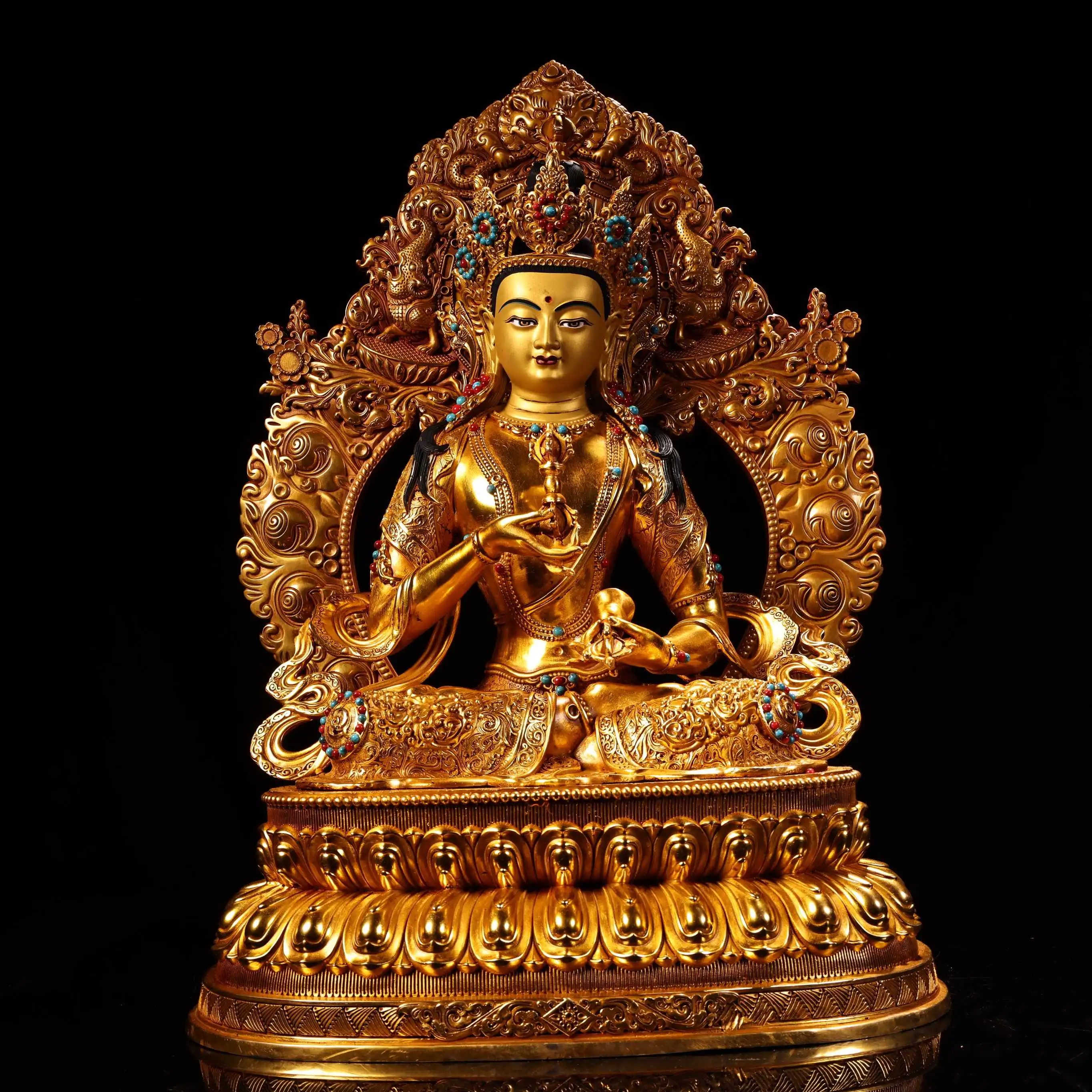 

20"Nepalese folk Old Bronze Gilded Painted Face High Relief Mosaic Gem Vajrasattva Backlight Buddha Worship Hall