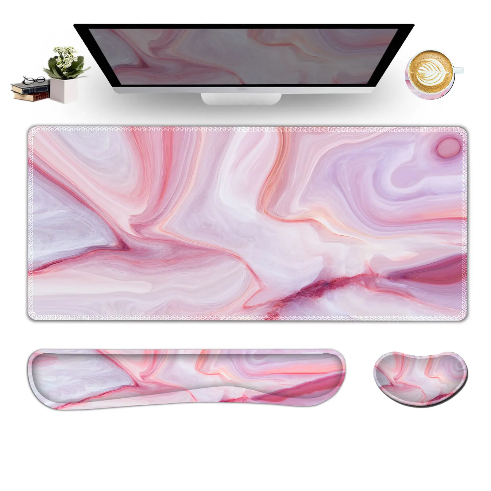 

4pcs Keyboard Mouse Pad Set,XXL Gaming Mouse Pad + Keyboard Wrist Rest Support+coaster, Memory Foam, Home Office - Pink Marble