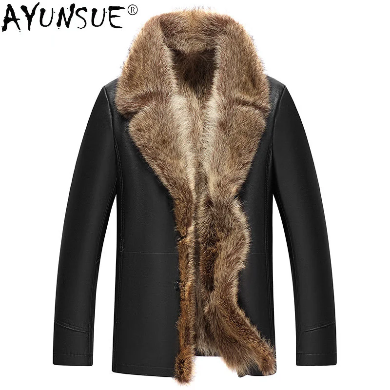 

Genuine Leather Jacket Men's Pure Cowhide Trench Coats Man Raccoon Fur Real Coat Men Thick Winter Jackets 2024 New Jaqueta