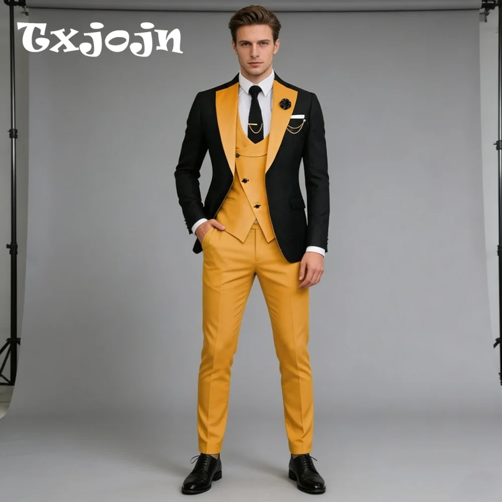 

Fashion Black Gold Peak Lapel For Men Prom 2026 Formal Three Piece Suit Best Man Suit Set Includes Jacket Vest Pants Customized