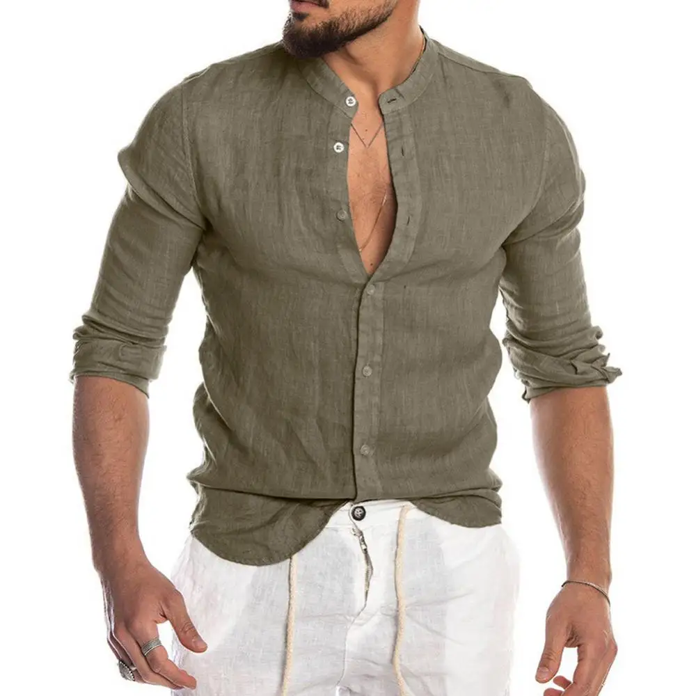 Chemises de plage en coton et lin pour hommes, chemises à manches longues, couleur unie, col montant, chemises décontractées, Cardigan