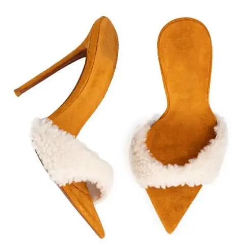 

Dark Yellow Suede White Lamb Fur Poined Open Toe Shallow Slip On Thin Heels Modern Slippers Women Sexy Party Stiletto Pumps