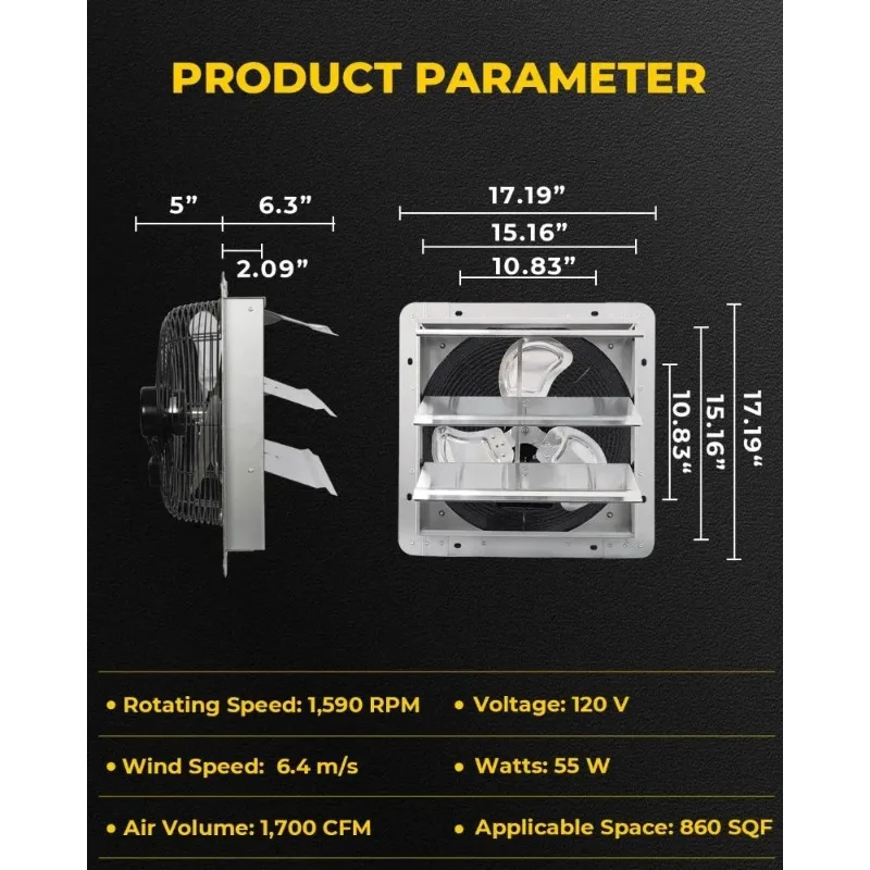 مروحة عادم مصراع VENTISOL مقاس 14 بوصة، مروحة Ven مع سلك طاقة مثبت على الحائط، سرعة عالية 1520CFM للمرآب والعلية والمحلات التجارية