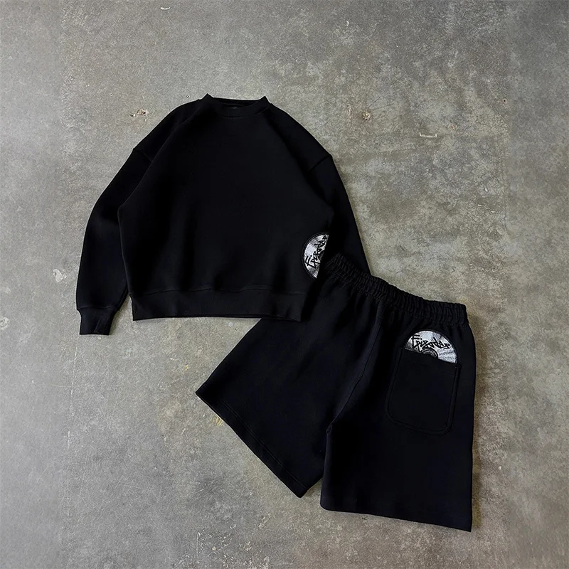 Summer Men's Oversized 2 Piece Tracksuit Set Streetwear Y2K  Print Crew Neck Sweatshirt and Casual Shorts Hip Hop Outfits