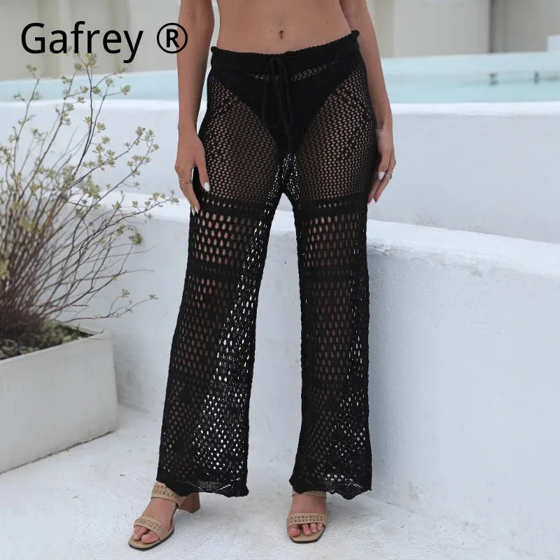 Women's Crochet Hollow Out Beach Pants, Sexy See Through Woven Trousers, High Waist Micro Flare Long Pants, Summer Bottoms