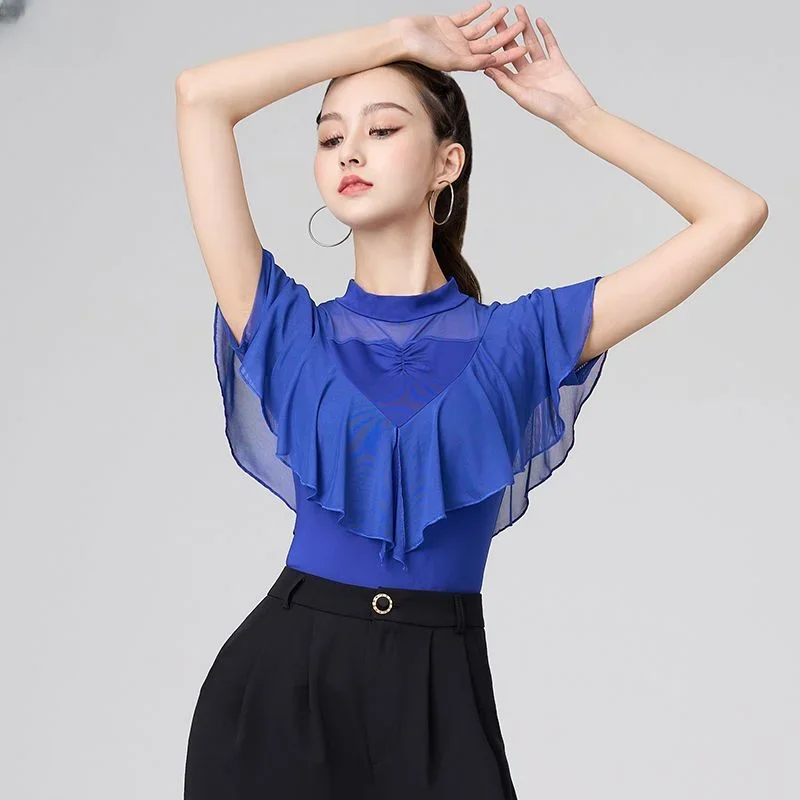 Latin Dance Clothing New Short Sleeve Shirt Female Professional Fashion Dance Clothes Advanced National Standard Dance Wear