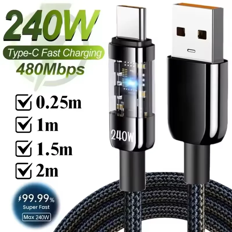 240W 10A Quick Charger Line Wire USB C Cable Nylon Braided Transparent Type C For Samsung IPhone Xiaomi Redmi Phones Accessories