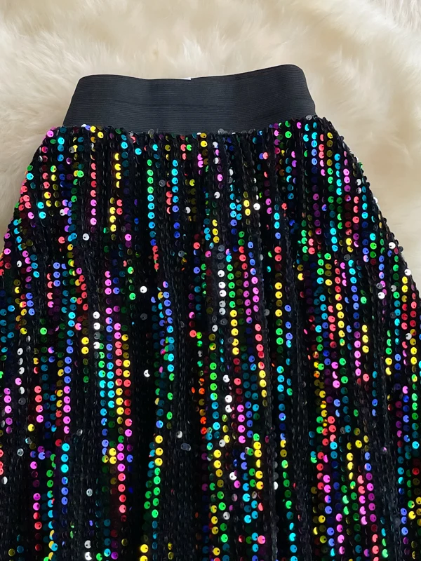 Spring Autumn Korean Sle High Waist Slimming Midi Length Knee-Over A-Line Skirt Faionable Elastic Waist iny Sequins Ful...