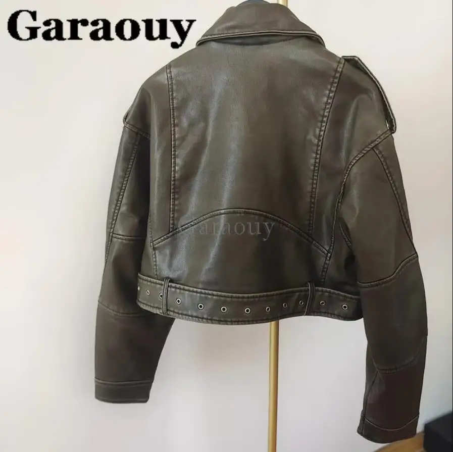 Garaouy 2024 New Spring Woman Faux Leather Jacket Chic Vintage Short Lapel Zipper Belt Biker Coats Fashion Streetwear Mujer Tops