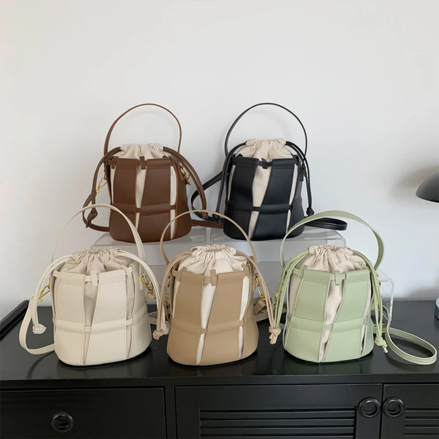 Hollow out Design bucket bag female purse and handbags new shoulder bags retro spliced canvas drawstring crossbody bag totes bag