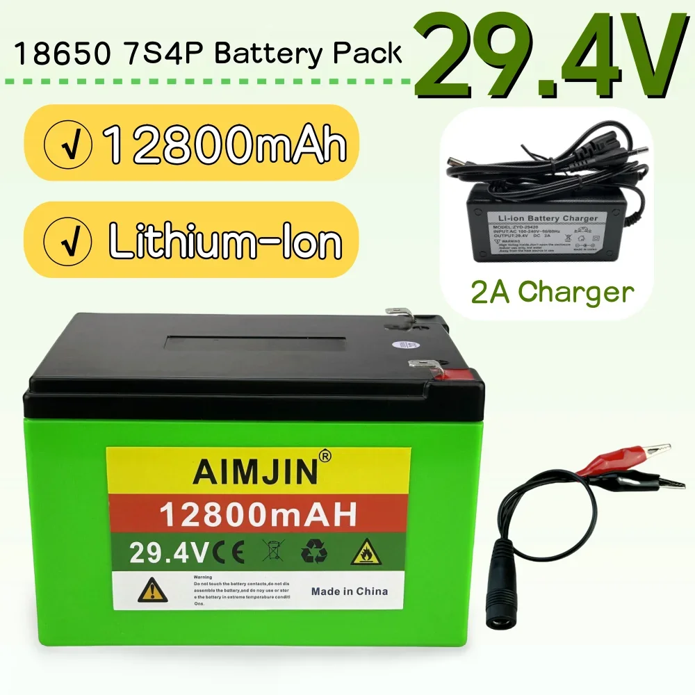 

7S4P 29.4V 12800mAh Li-ion Battery High-power 18650 Battery Pack Built in BMS High-power Suitable for Various Devices + Charger