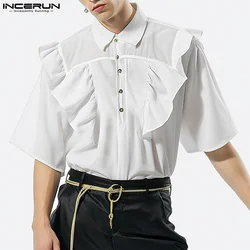 2024 Men's Shirt Lapel Short Sleeve Solid Color Ruffle Summer Casual Men Clothing Streetwear Loose Fashion Shirts S-2XL INCERUN