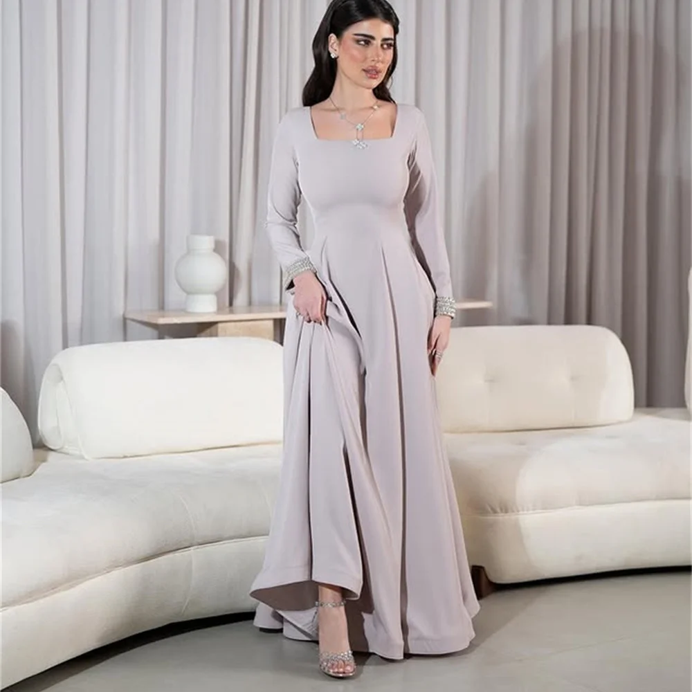 

High Quality Square Collar Long Sleeve Crystal Evening Dresses A-line Floor-Length Prom Dress Elegant Dubai Wedding Guest Gowns