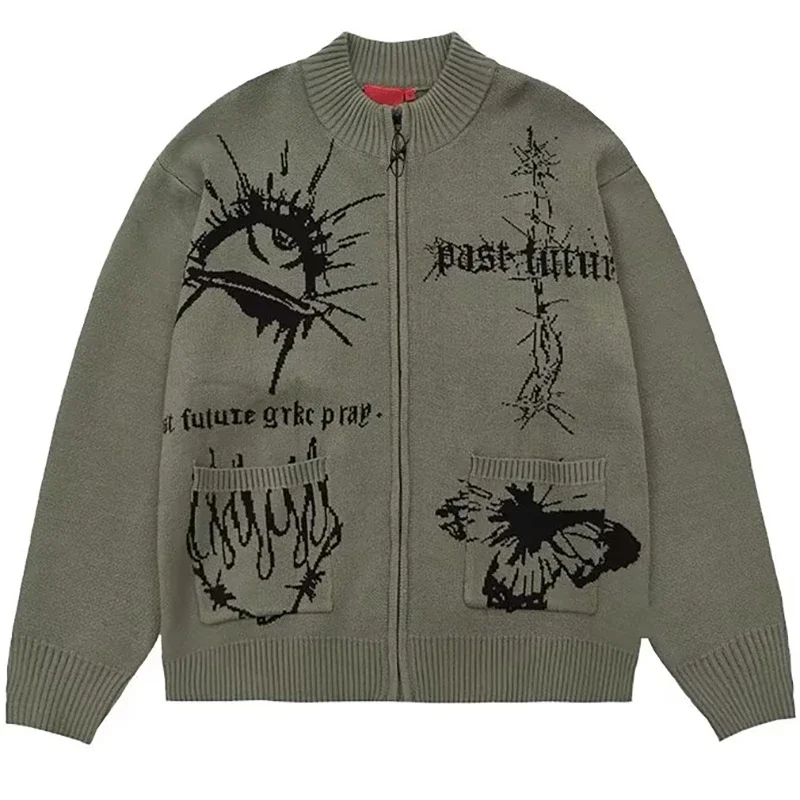 

Мужские кардиганы с рисунком граффити, свитера, осень-зима, утепленные вязаные пальто, трикотаж, верхняя одежда на молнии, мужской свитер Y2K