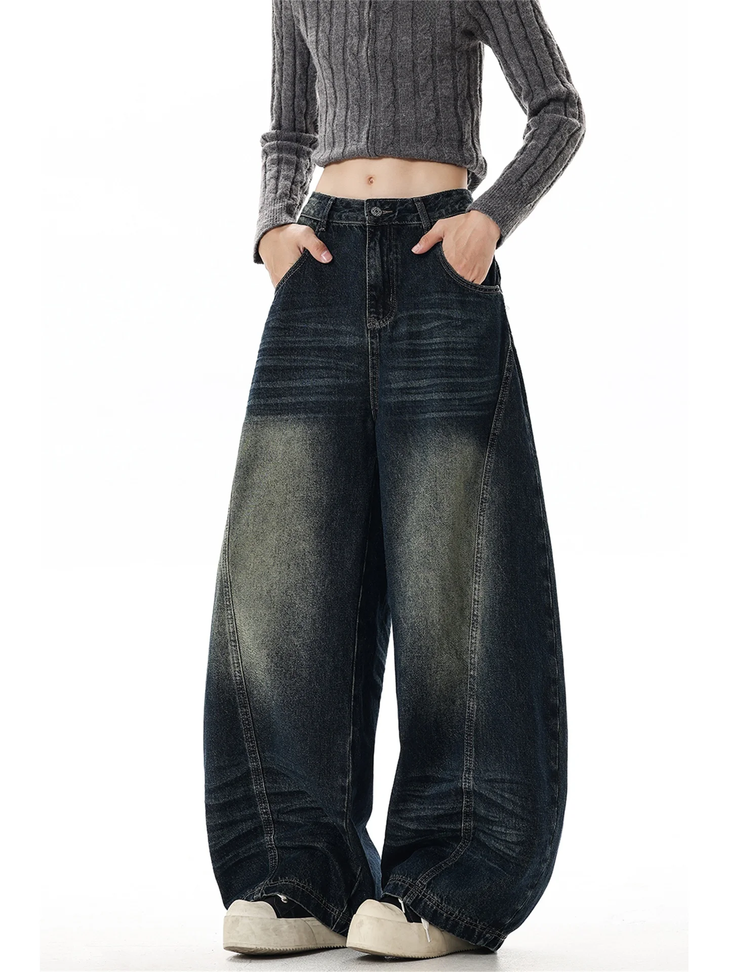 

American High Street Vintage Blue Jeans Men's Trendy Loose Lazy Sle Drapey Wide Leg Casual Straight Cut Denim Pants