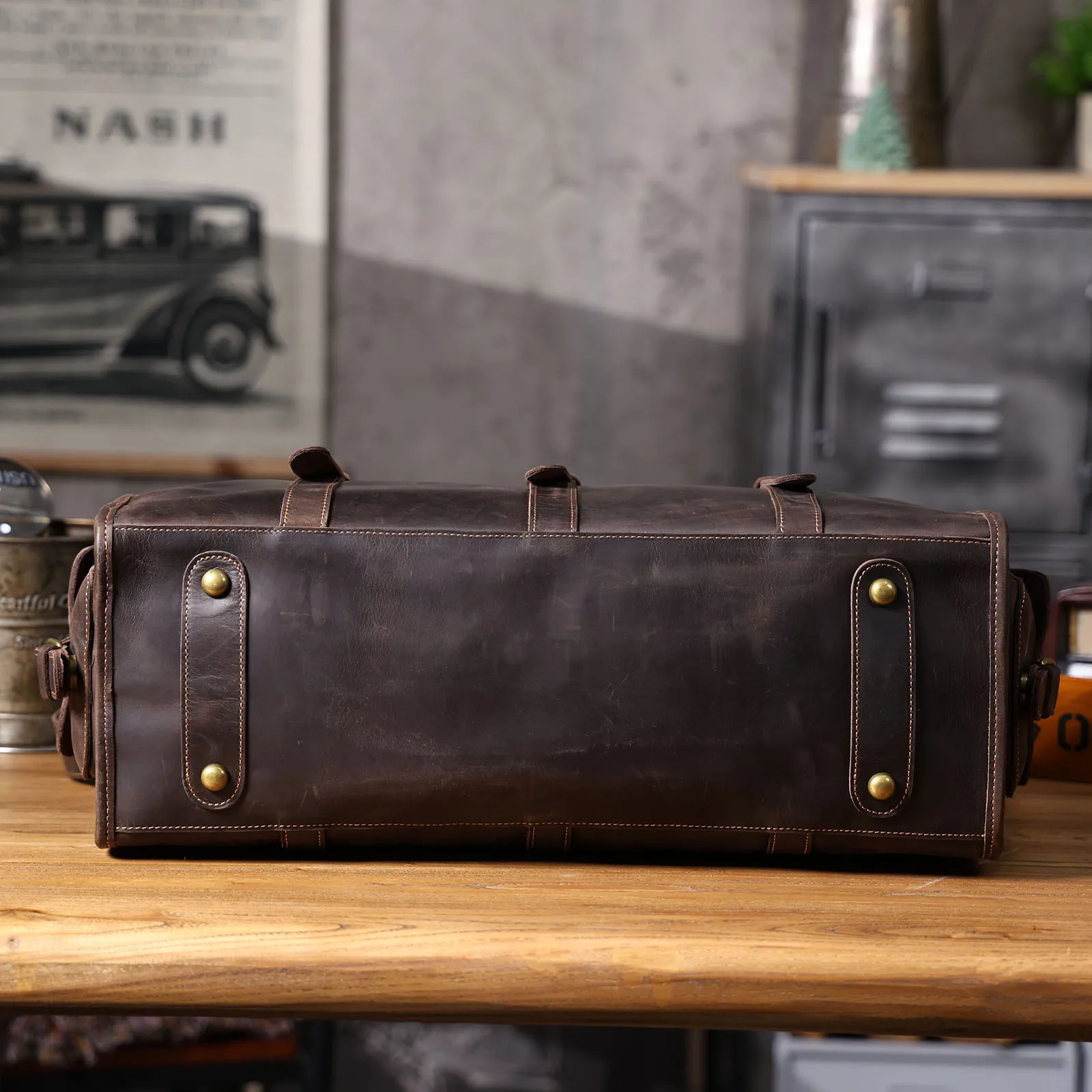 Vintage Echtleder-Reisetasche für Herren, Große Kapazität, Leder-Sporttasche, Klassischer Stil, Wochenendtasche, Übernachtungstasche – Detail 11