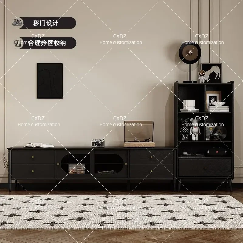 All Solid Wood TV Cabinet Oak Retro Black Light Luxury High End Floor Standing Changhong Glass Simple Modern Media Console