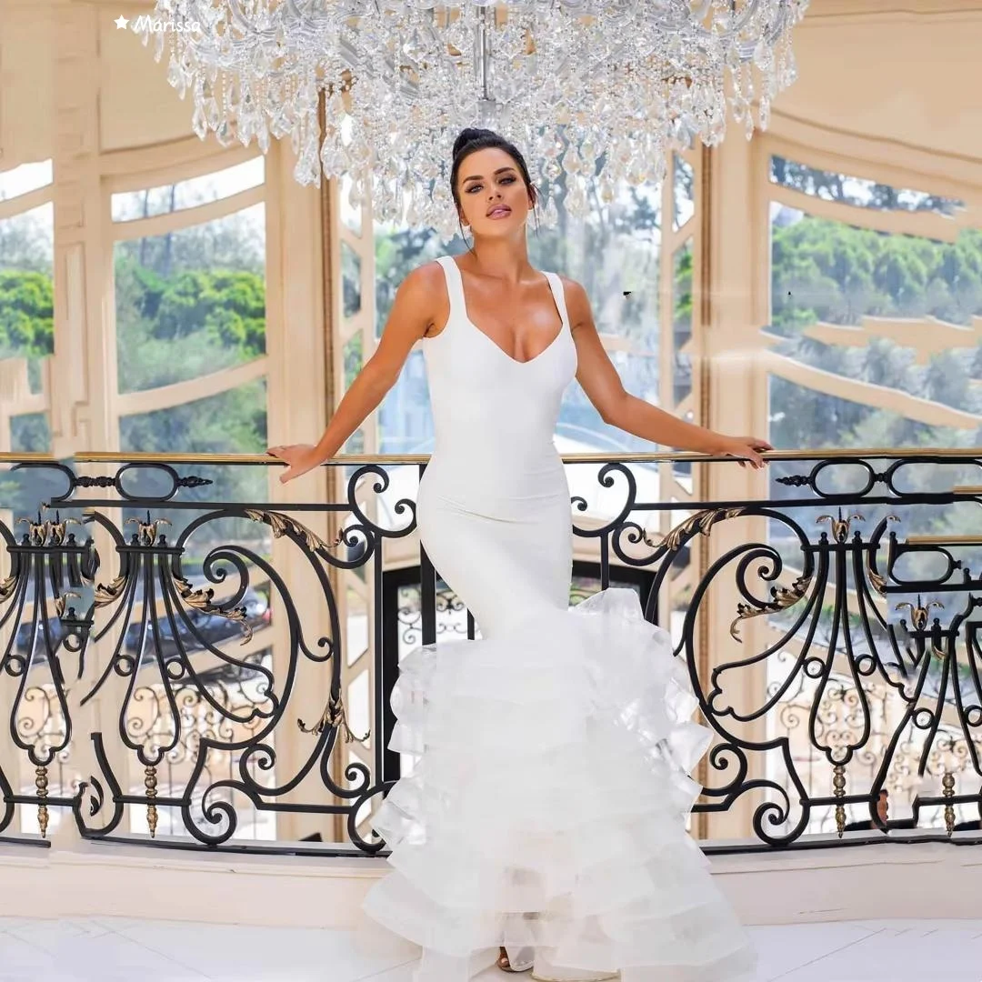 Marissa Gonna gonfia a coda di pesce Abito da sera da donna Donna Abiti da ballo eleganti su misura 2025 Abito da ballo bianco con bretelle con scollo a V