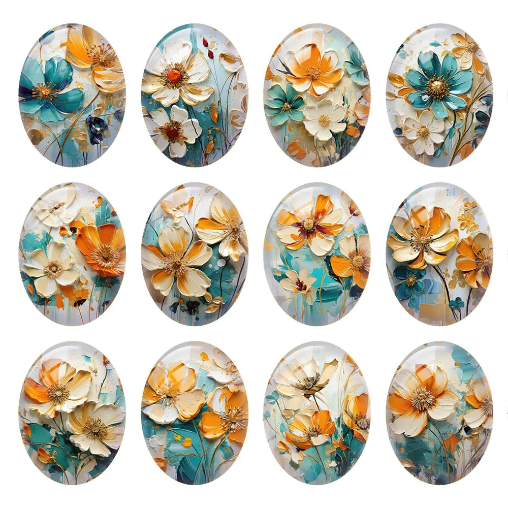 10pcs/lot Oval Photo Glass Cabochon Flatback Charms Flower Oil Painting Demo Flat Back Cameo For Diy Jewelry Making Findings