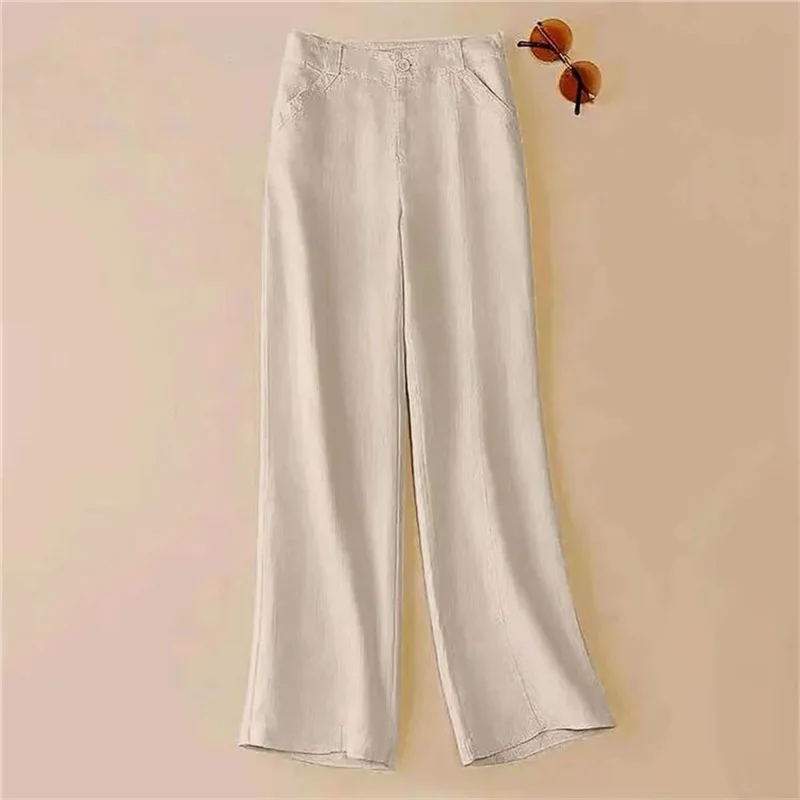 Women Cotton And Linen Wide Leg Pants Female Solid Color Loose Fitting Flax Straight Leg Trousers Ladies Leisure Flax Pantalons