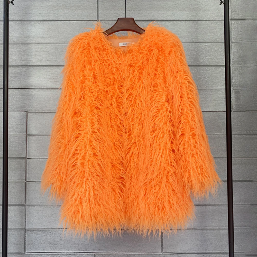 2024 Winter New Fashion Women Fluffy Faux Fur Coat Jackets Female Long Sleeve Green Orange Fur Jacket Candy Color Festival Coats