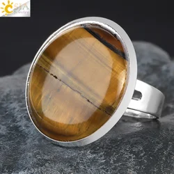 CSJA Large Round Crystal Ring for Women Natural Stone Amethysts Tiger eye Pink Quartz Finger Rings Jewelry H504