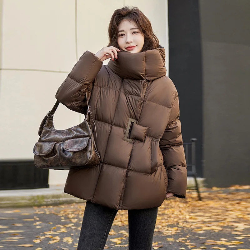 Mid-length Hooded Puffer Jacket for Women, Korean Jackets for Female, Warm Down Coats, Fashion Button Design, Winter Coat, New