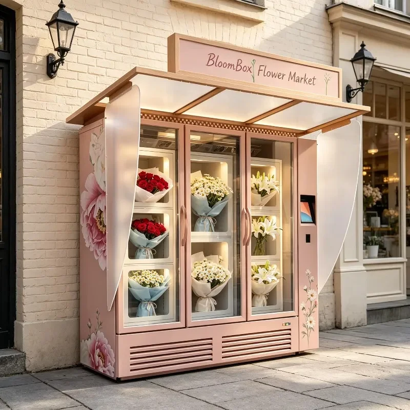 OEM ODM Outdoor Large Capacity   Refrigerated Flower Vending Machine Locker Type Bouquet Self Service Kiosk Remote Monitoring