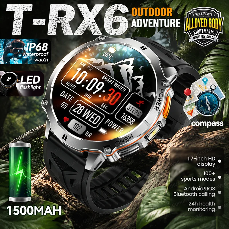 Outdoor Adventure Zone - 新型T-RX6 アウトドアアドベンチャー対応 MIL-STD スマートウォッチ。1500mAhバッテリー、コンパス、フラッシュライト、IP68防水、Bluetooth通話機能を搭載。男性向けスポーツスマートウォッチ。