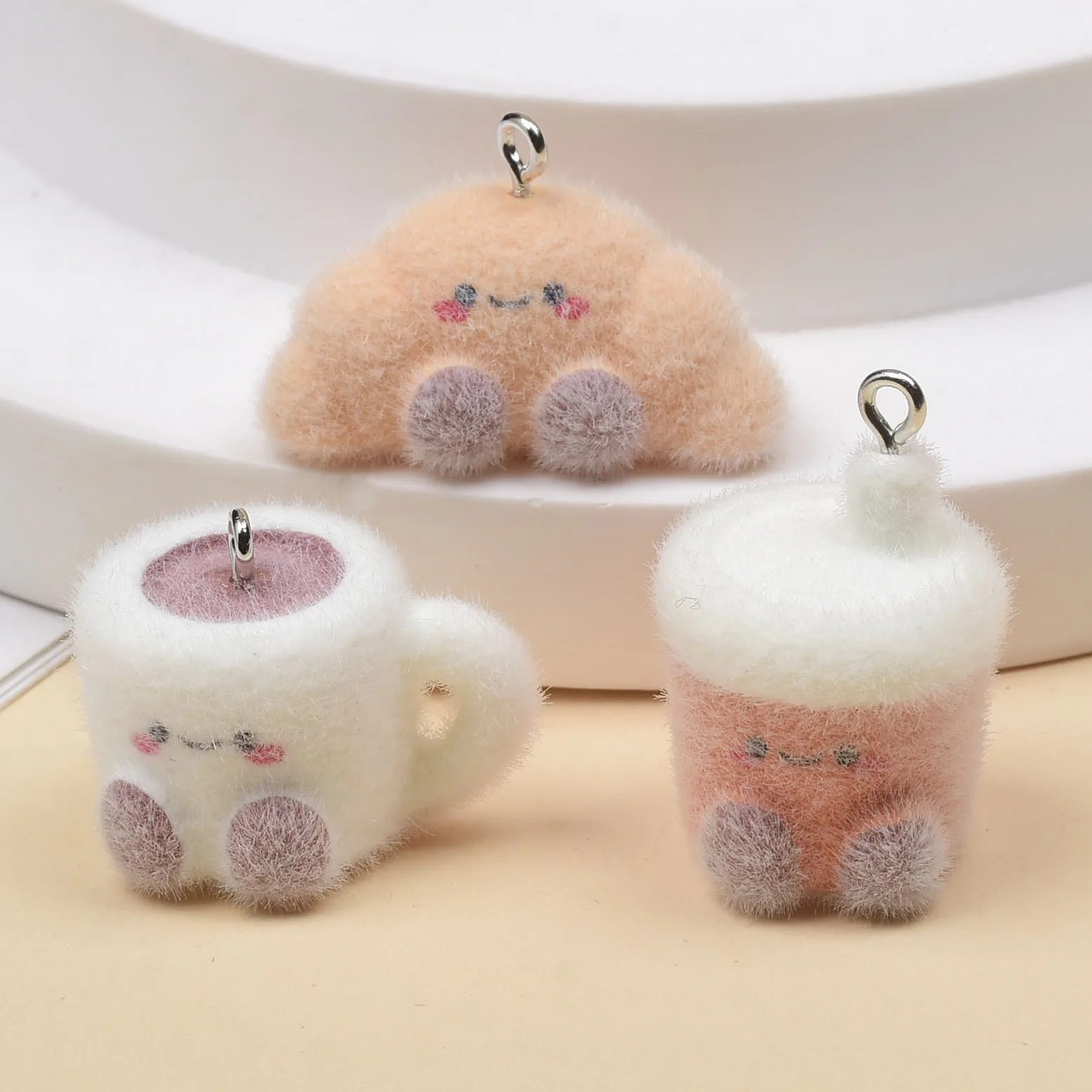 6pcs Cute Flocked Charms Pendant Bread Milk Tea Croissant Molding for DIY Keychain Bag Charm Phone Jewelry Accessories