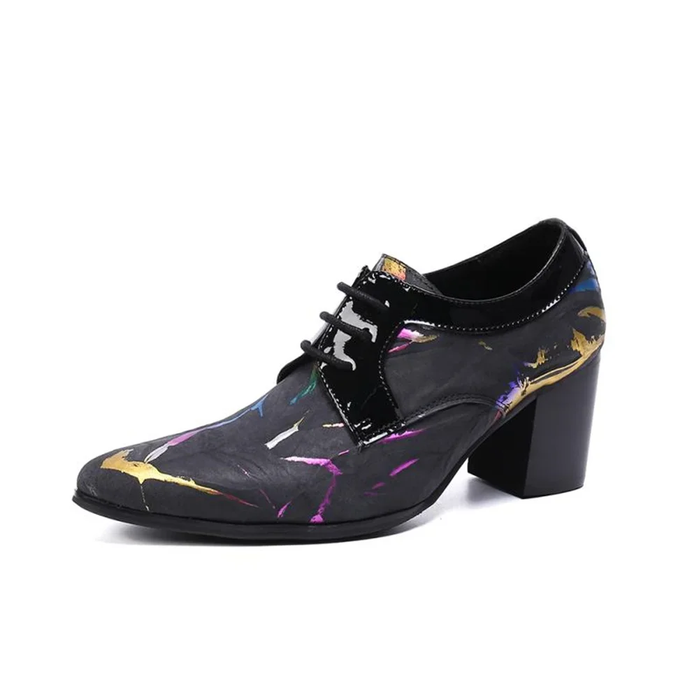 Chelsea Pointed Toe Patent Leather Mens Shoes Increased Printing Lace Up Dress Office