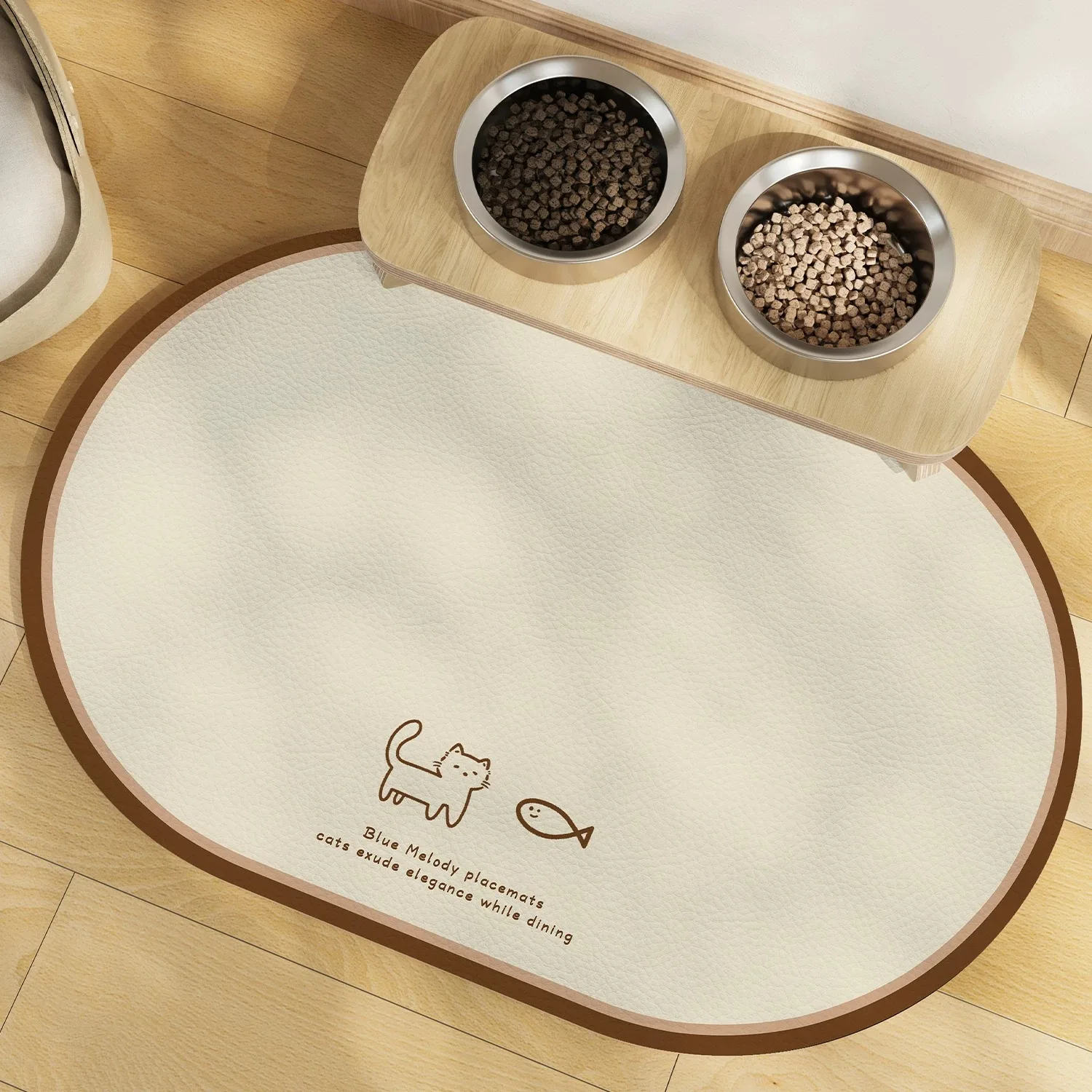 Oval Solid Color Cartoon Pet Feeding Mat Waterproof Leather Dog Cat Food Bowl Placemat Non-Slip Floor Protector
