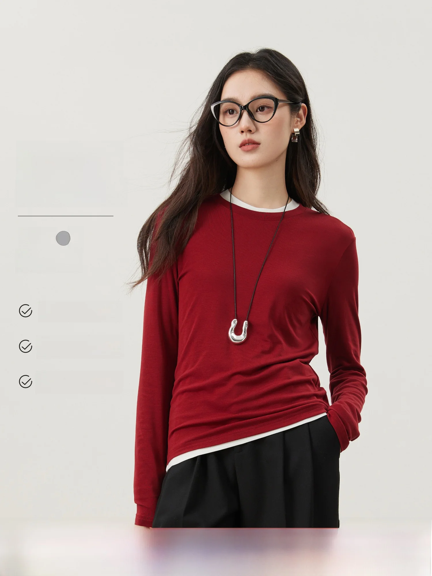 

Slim Fit Long Sve Women's T-irt Lyocell Silk Blend Pure Color Versatile Top Daily Wear round Neline Regular Length