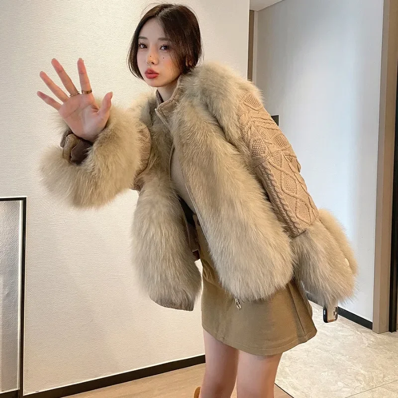 Elegant Women Faux Fur Coat Autumn Winter Female Imitation Fox Fur Patchwork Knitting Sweater Design Sense Loose Casual Outwear