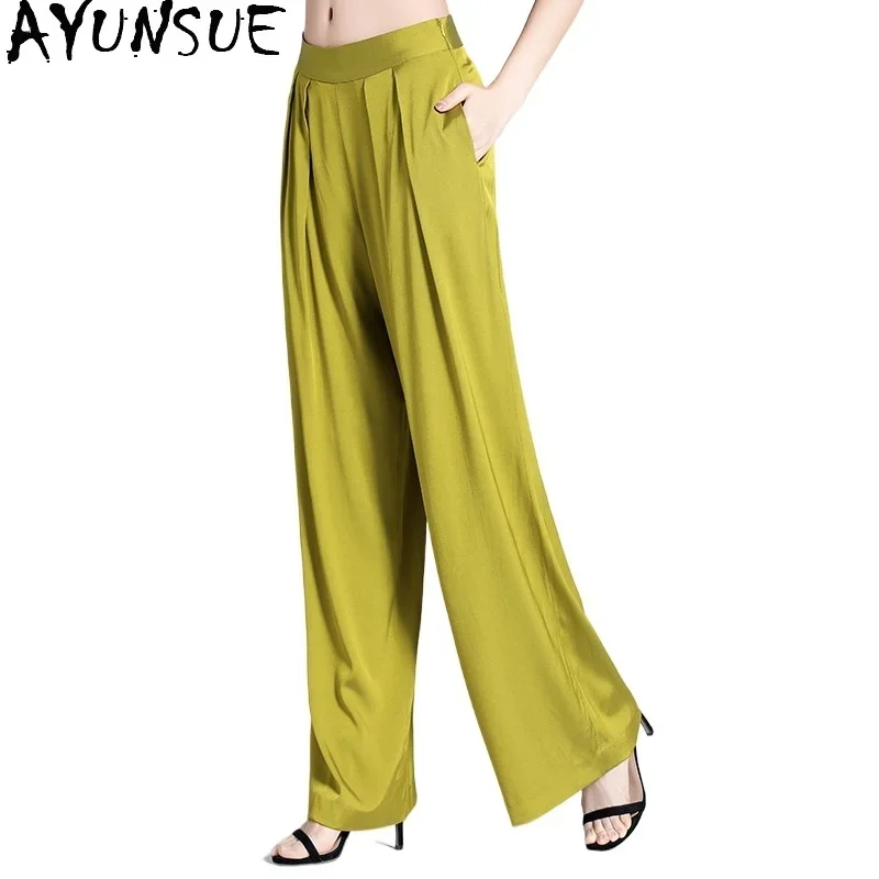 

AYUNSUE 95% Mulberry Silk Women Pants Summer 2024 Office Wear Trousers Womens Fashion Wide Leg Baggy Pants Womans Clothing брюки