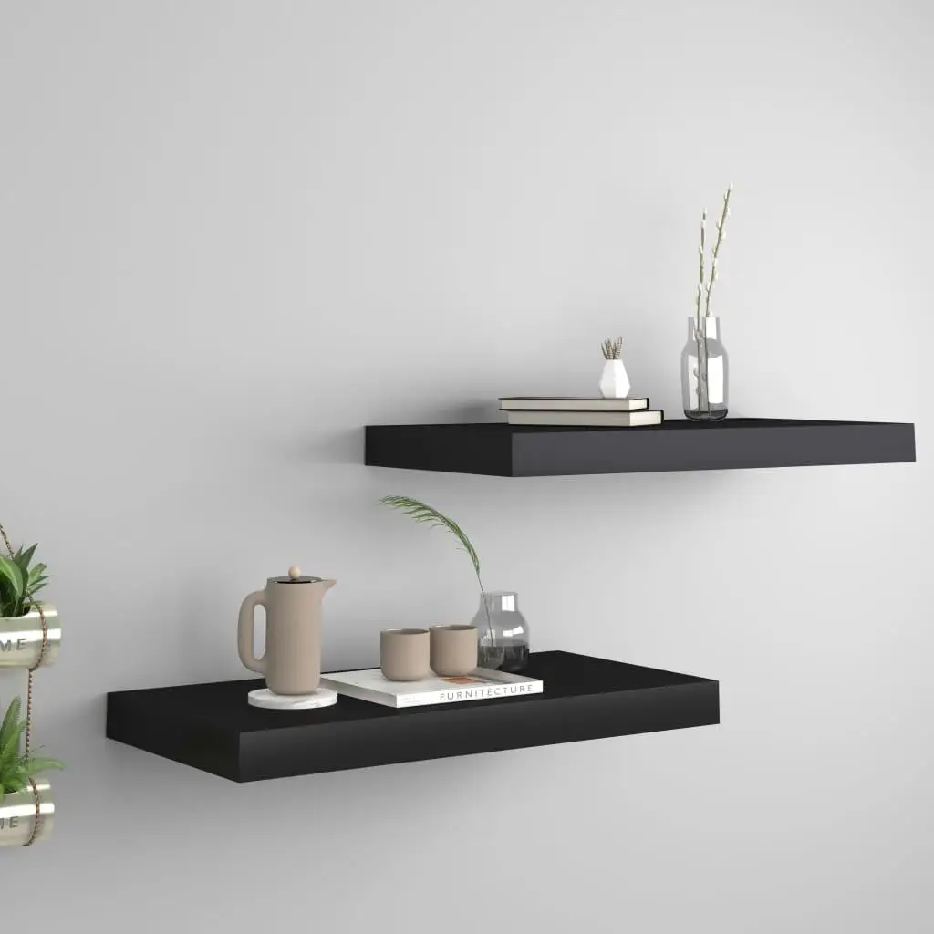 Set of 2 Black Floating Wall Shelves - 50x23x3.8 cm MDF Storage Solution