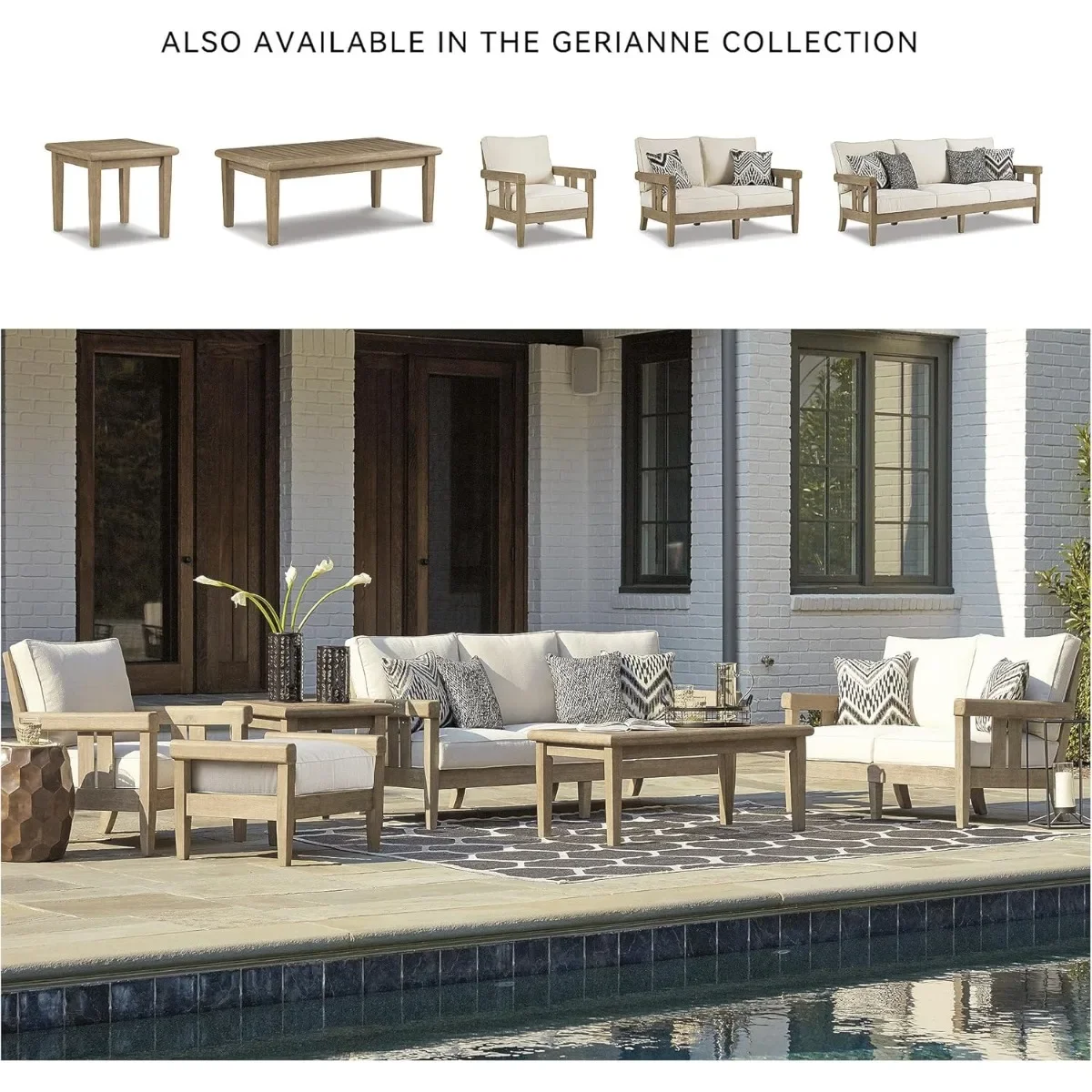 طاولة جانبية مزخرفة للأماكن الخارجية، طاولة مربعة باللون الرمادي والبني للفناء والحديقة. طاولة نهاية خشب الأوكالبتوس لجانب حمام السباحة