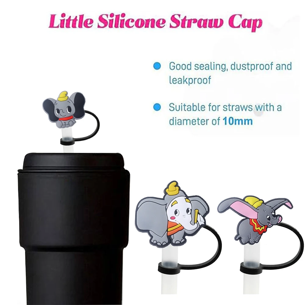 4pcs Dumbo Cartoon Silicone Straw Toppers for 10mm,Straw Caps for Glass Cup,with 30&40Oz Tumbler with Handle Dust-Proof Reusable