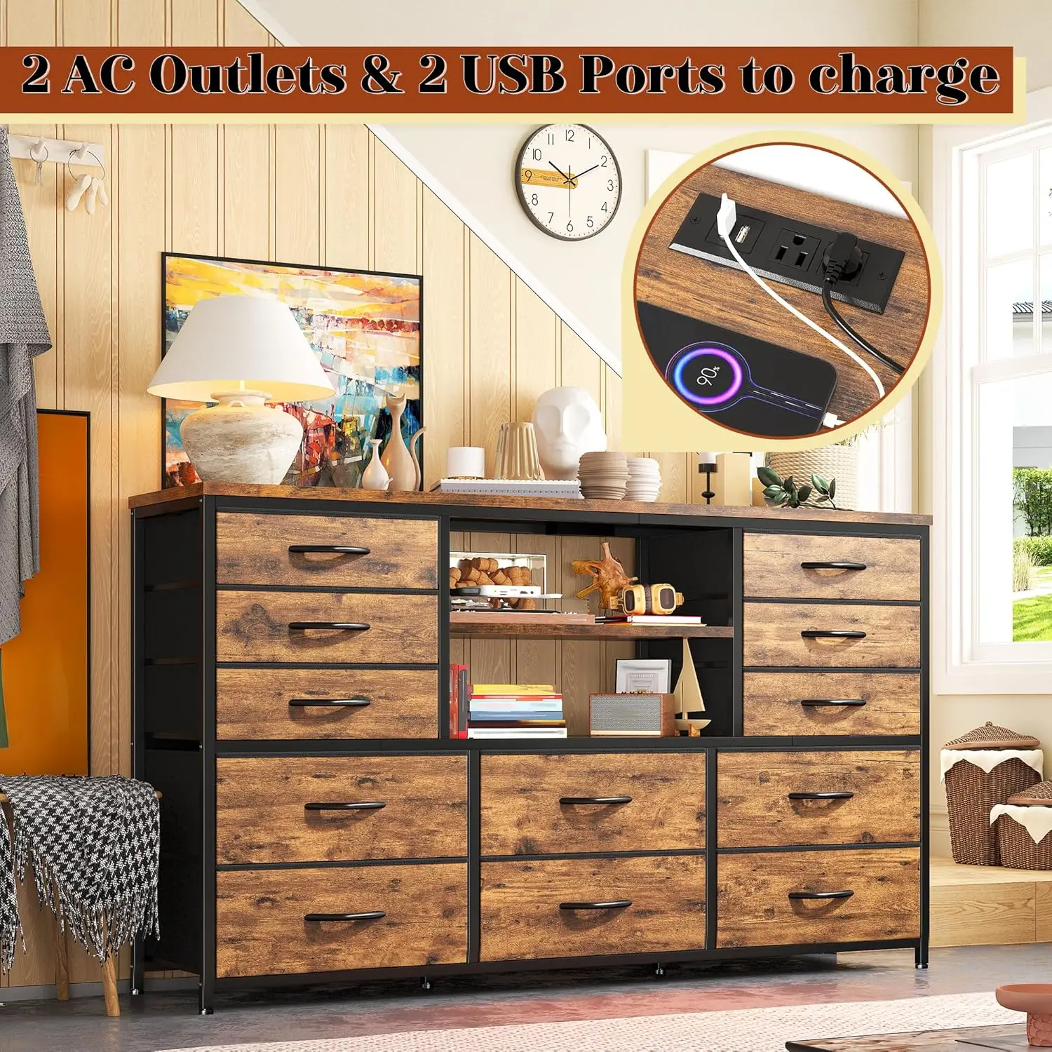 خزانة غرفة النوم مع أضواء LED ومحطة شحن، حامل تلفزيون 12 درج لتلفزيون 60 بوصة، بني ريفي #5