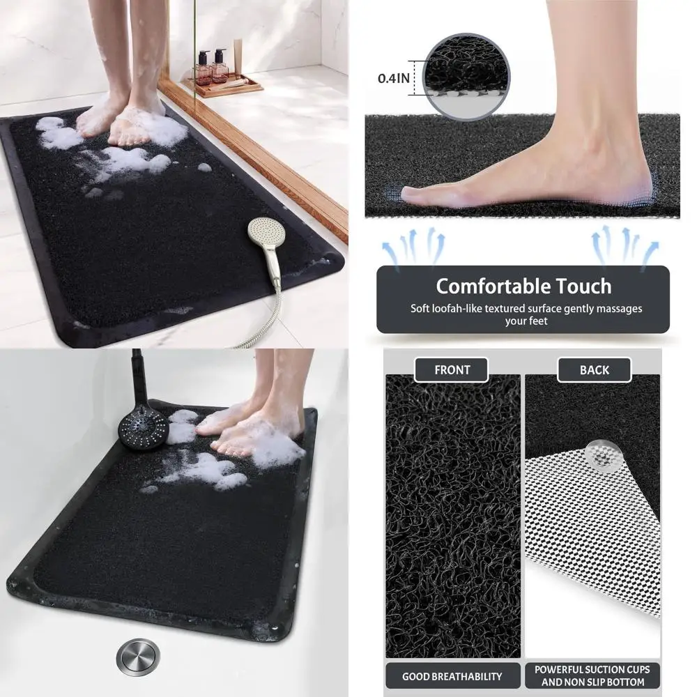 سجادة استحمام مضادة للانزلاق مقاس 17 × 30 بوصة مع أكواب شفط، ومنظف قدم الحمام، وتصميم سريع الجفاف لأرضيات الحمام المبللة (أسود) #1