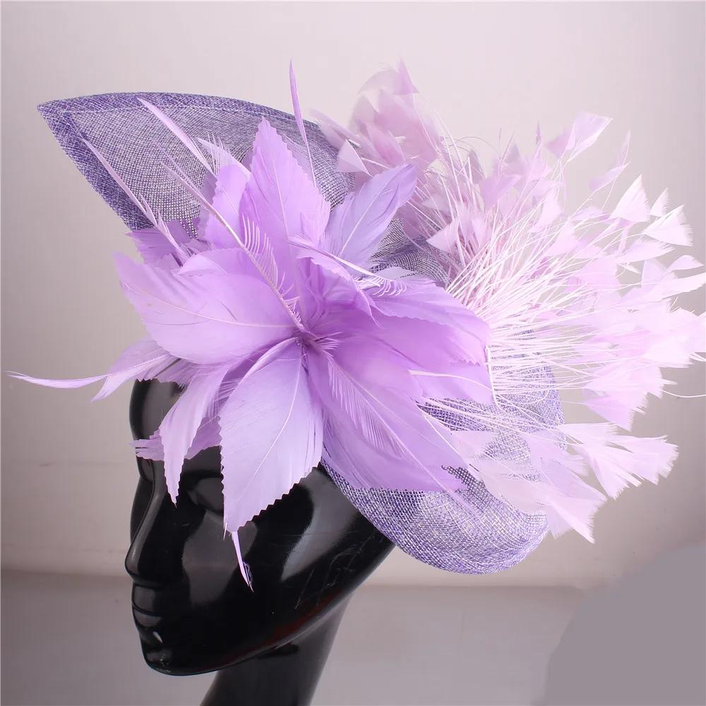 Ladies Purple Fedora Imitation Sinamay Fascinator Headband Wedding Hat Fancy Feather Party Headwear Church Occasion Headpiece