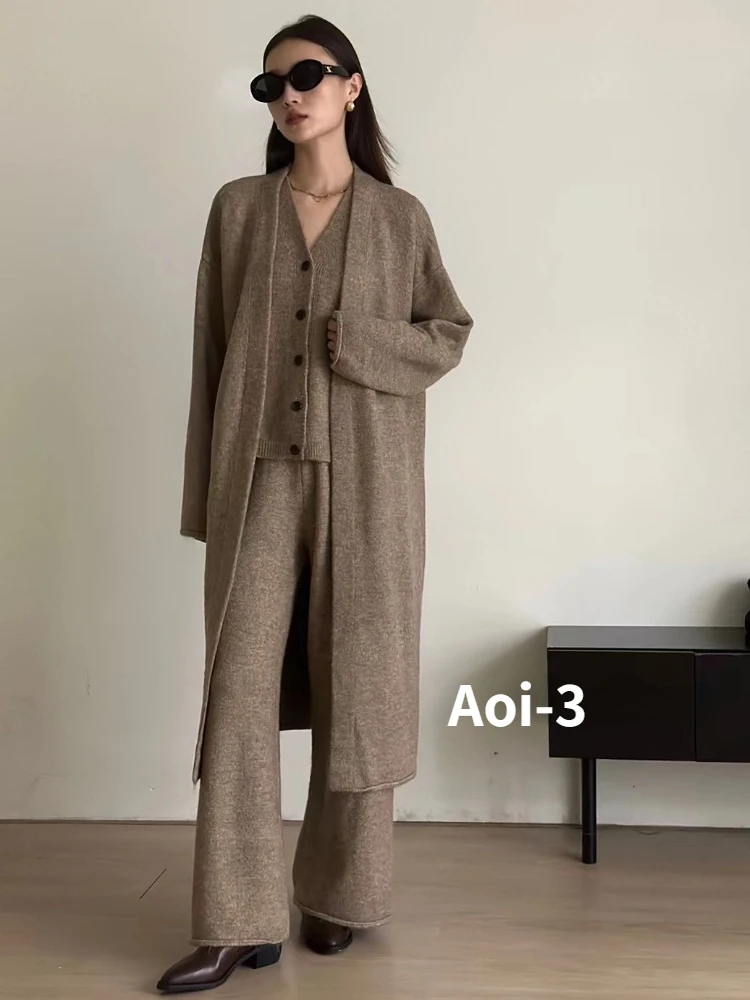 Fashion Commuter Wool Knitted Suit Women's Autumn Winter Long Cardigan Coat+Vest +Loose Wide-Leg Pants Thick Elegant 3-Piece Set