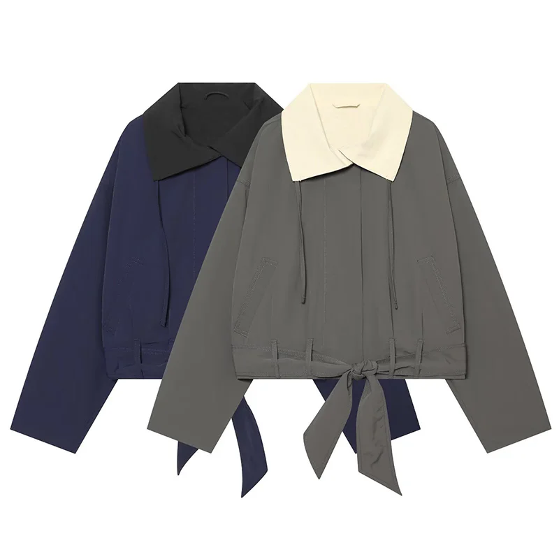 Guobioziy Women's Jacket 2026 Fall/Winter New Color-Block Lapel Tie Casual Simple Short Jacket Parka Stylish and Trendy