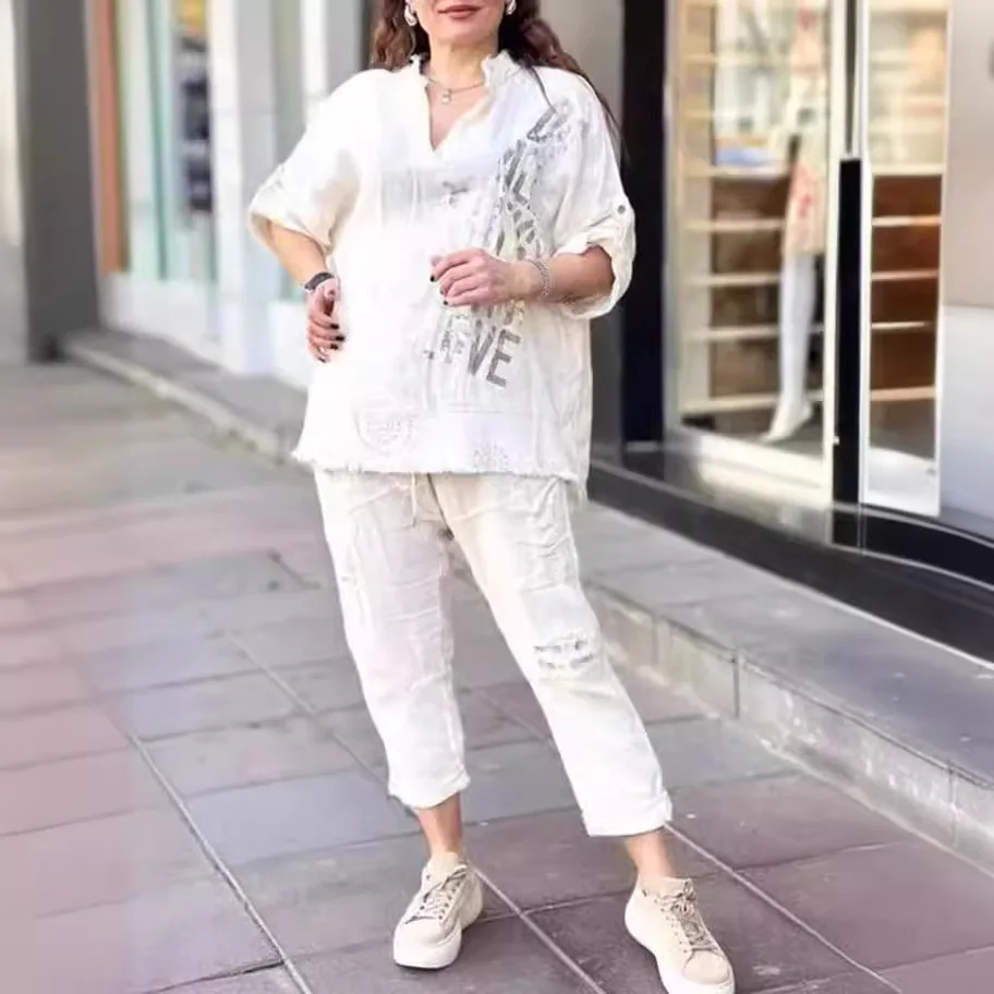 

Новый повседневный костюм с принтом и воротником с принтом, рукав пять четвертей, длинные брюки 9 четвертей, свободный костюм