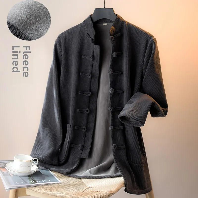 

Мужская куртка в традиционном китайском стиле с флисовой подкладкой, воротником-стойкой, на пуговицах, теплая, винтажная, в стиле Тан, для мужчин среднего возраста, повседневная одежда