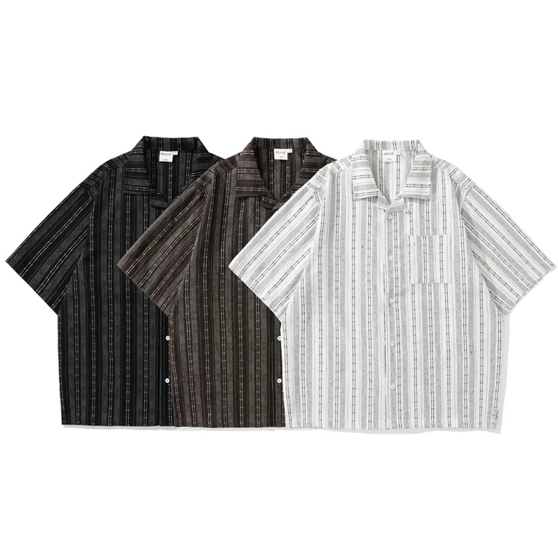 

2026 New Summer Japanese Vintage Linen Striped Cargo Short Sleeve Shirts For Men Women Cityboy Loose Cuban Collar Trendy Tops